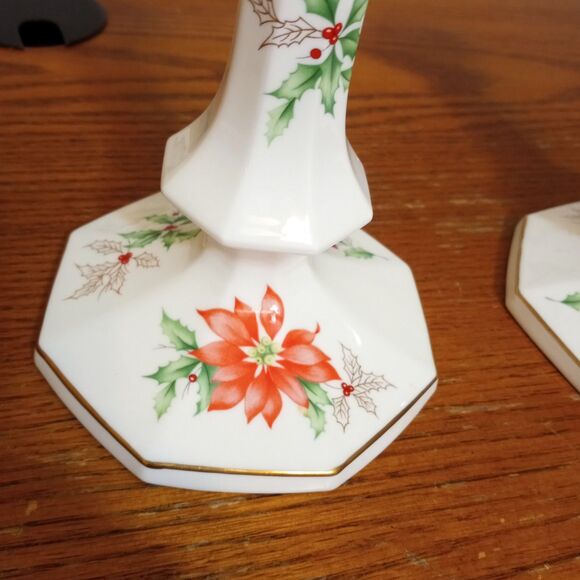 Ivory Bone China Mikasa Christmas Poinsettia Candle Holders Gold Trim - Picture 6 of 11